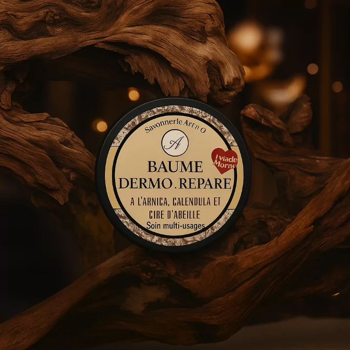 Baume dermo réparé en pot posé sur bois tordu, étiquette beige avec texte “Baume Dermo. Répare” et petit cœur rouge “Viade Morne”.