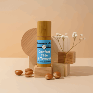 roll-on Confort Tête & Tempes en bambou naturel avec une étiquette bleue