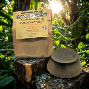 Après-shampoing solide cacao-vanille en pain, boîte en papier kraft posée sur une bûche, dans un cadre extérieur verdoyant.