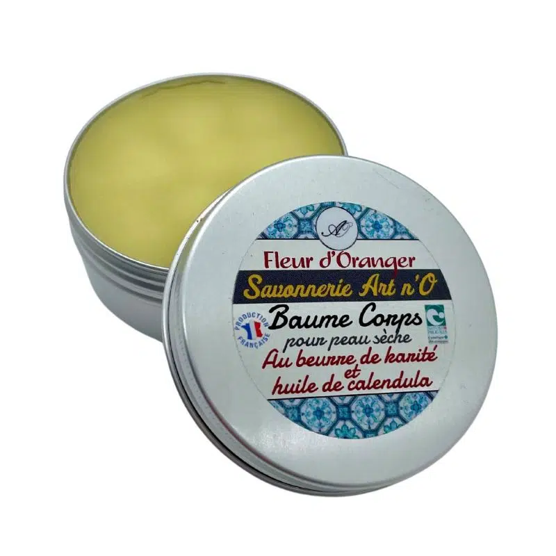 Baume Corps pour peau sèche Fleur d’Oranger dans tin rond, Savonnerie Art n’O, huile de calendula et beurre de karité