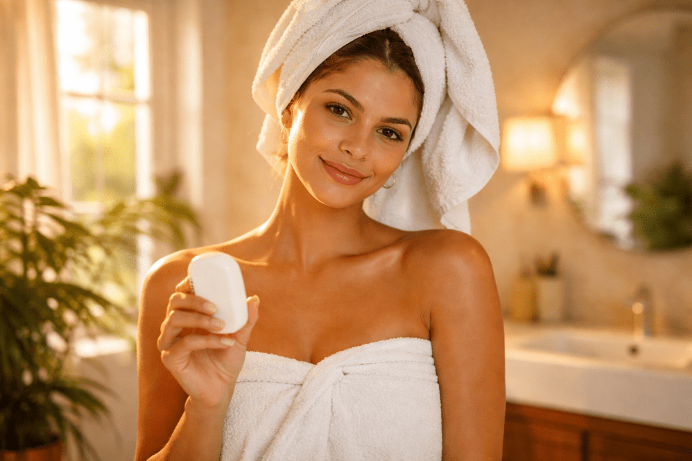 Femme avec savon hygiène intime dans sa salle de bain
