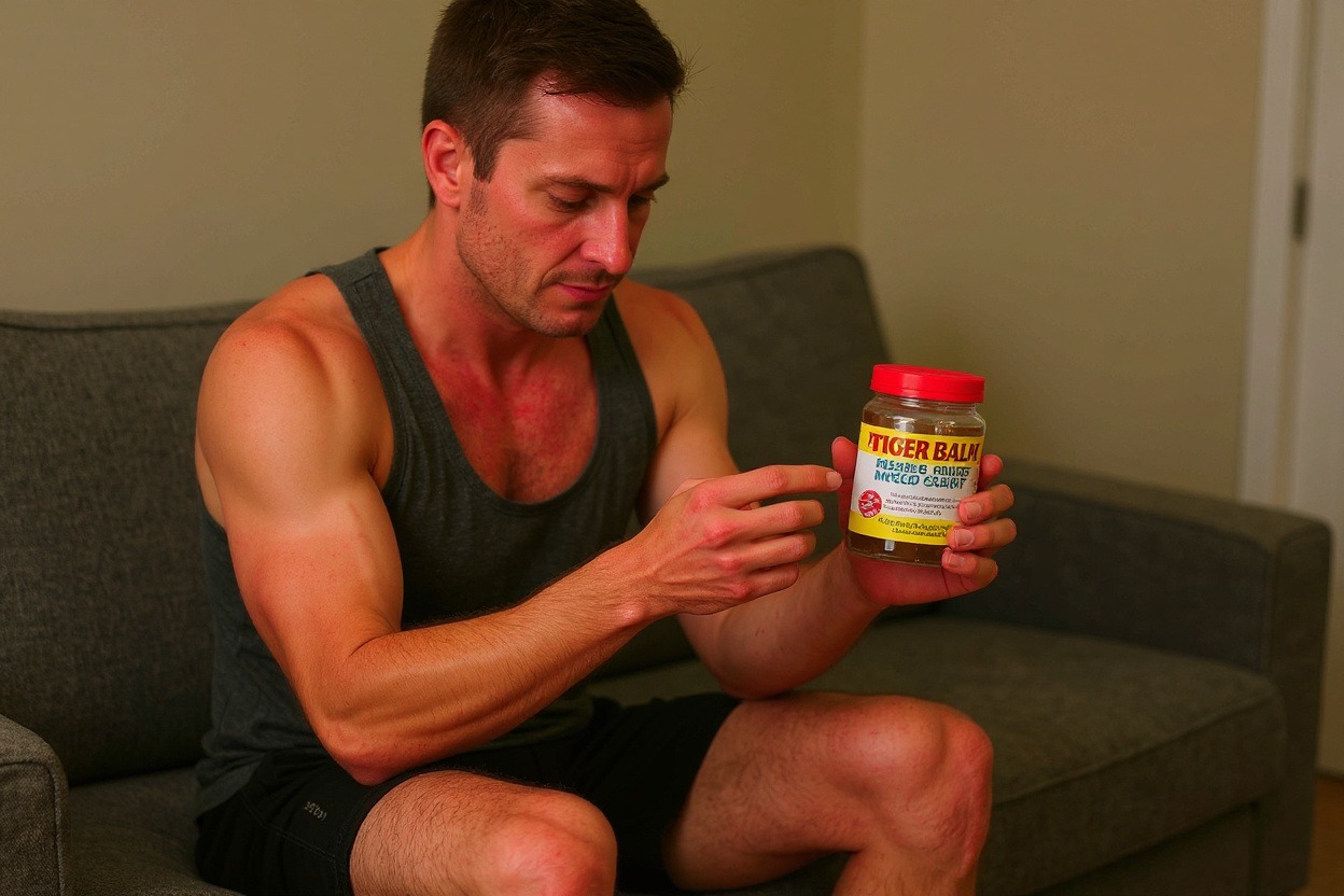 Sur un banc à la maison, un sportif applique un baume post-sport sur un genou douloureux.