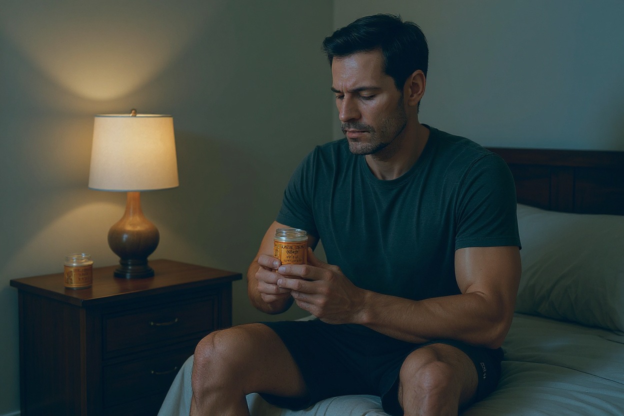 Un coureur assis sur son lit masse un baume chauffant pour crampes sur son mollet, le pot unique posé sur la table de nuit.
