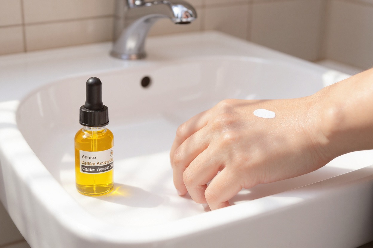 Une bouteille compte-gouttes d’huile végétale d’arnica sur un lavabo, une personne masse quelques gouttes sur un avant-bras sensible.