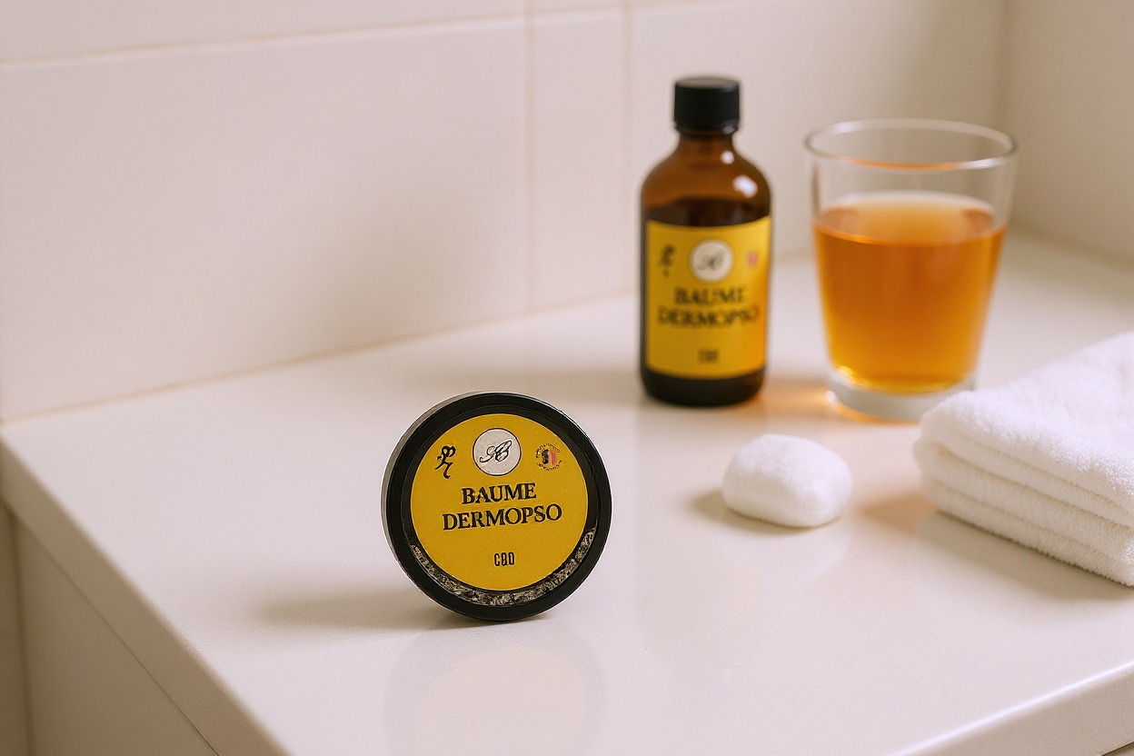 Un baume pour le psoriasis sur un comptoir blanc, à côté de vinaigre de cidre et d’un coton.