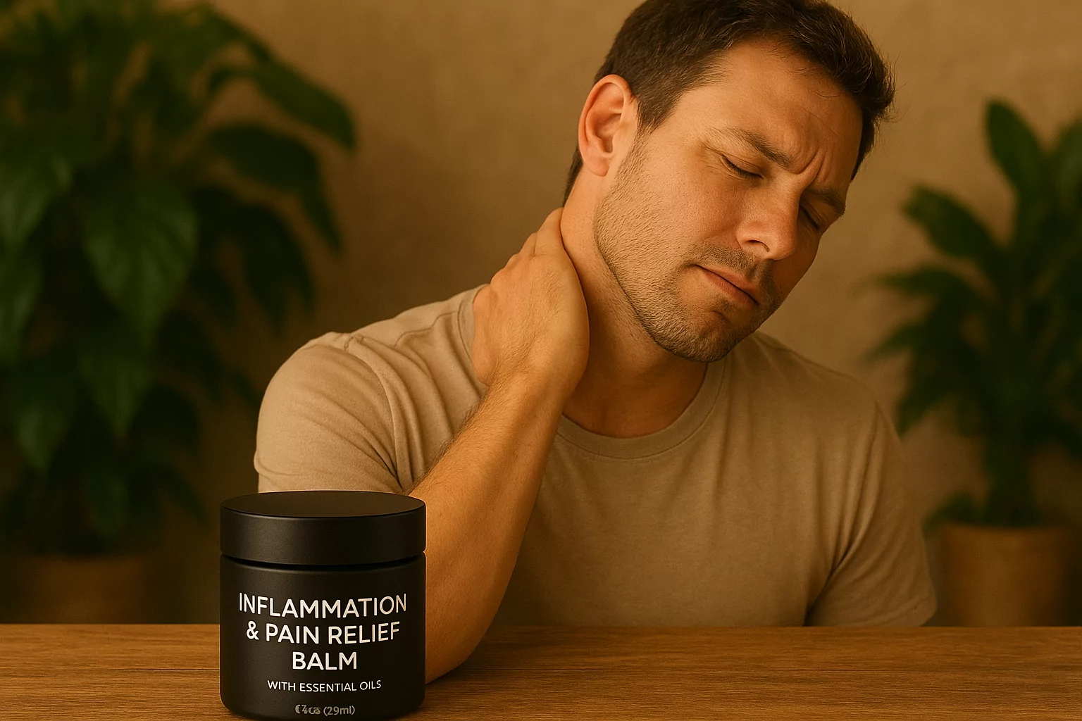Homme souffrant au cou, main sur la nuque, près d’un pot de baume "Inflammation & Pain Relief Balm" sur une table.