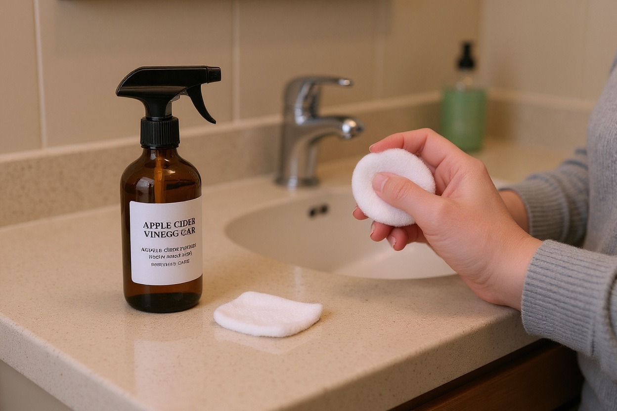 Dans une salle de bain douce, un flacon spray d’eau vinaigrée pour psoriasis avec un seul coton réutilisable posé sur le lavabo, utilisé pour tamponner calmement une plaque au coude.