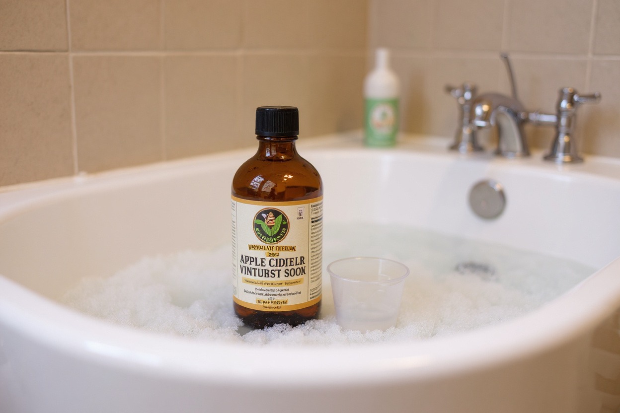 Bouteille unique de vinaigre de cidre et doseur posés sur le bord d’une baignoire blanche, prêts pour un bain apaisant anti-démangeaisons.