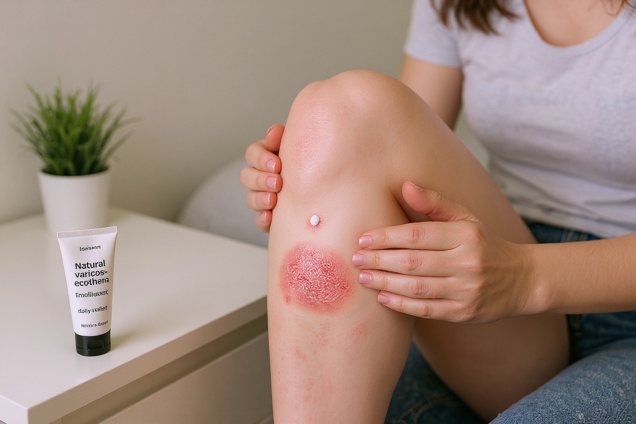 Un tube unique de crème émolliente naturelle pour l’eczéma variqueux sur une table de chevet pendant l’application sur la jambe.