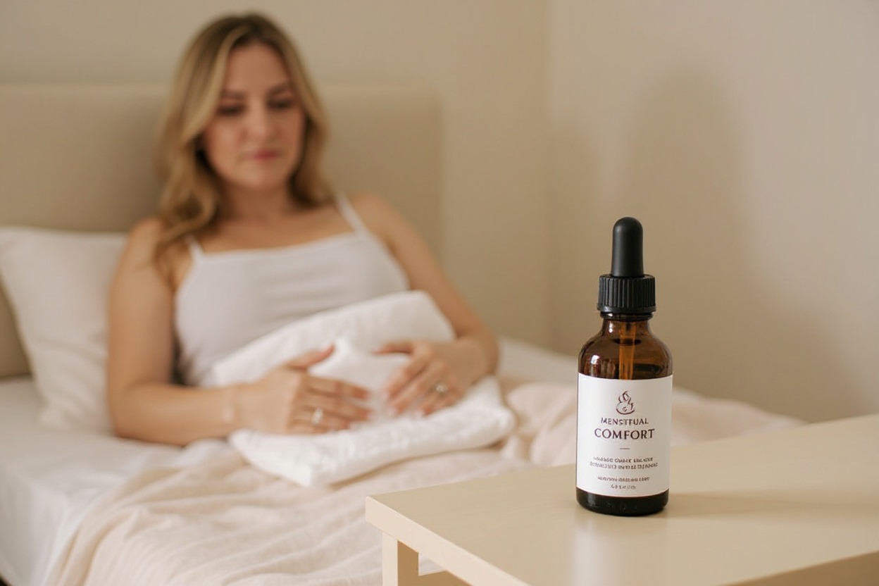 Dans une chambre apaisée, un flacon ambré d’huile essentielle spécial règles douloureuses repose sur la table de nuit, prêt pour un massage du bas-ventre.