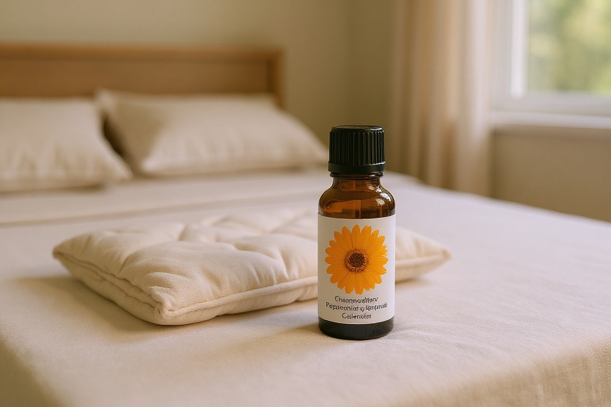 Un roll-on d’huile essentielle pour règles douloureuses appliqué sur le bas-ventre dans une chambre apaisante.