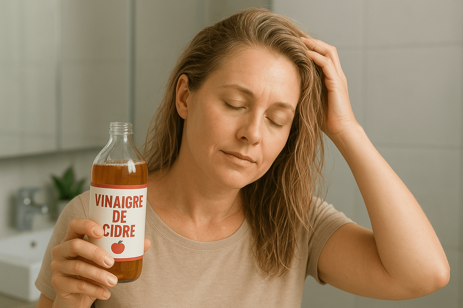 femme qui s'applique du vinaigre de cidre