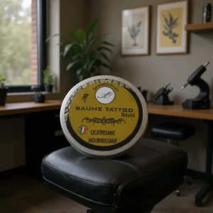 Baume Tattoo Naturel en boîte métallique jaune, label "Cicatrisant Nourrissant" posé sur un tabouret noir dans un studio avec plantes et machines de tatouage en arrière-plan.