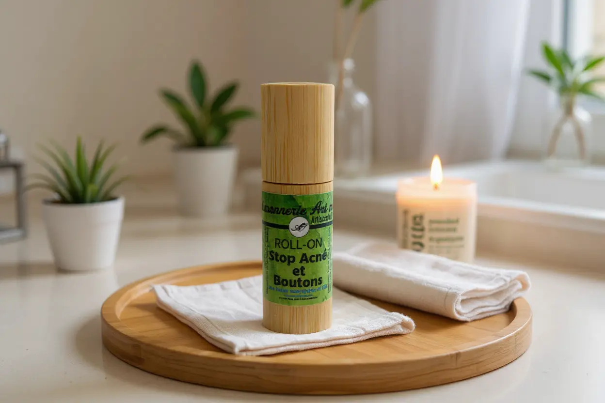 Roll-on naturel anti-acné présenté dans un environnement apaisant de salle de bain.