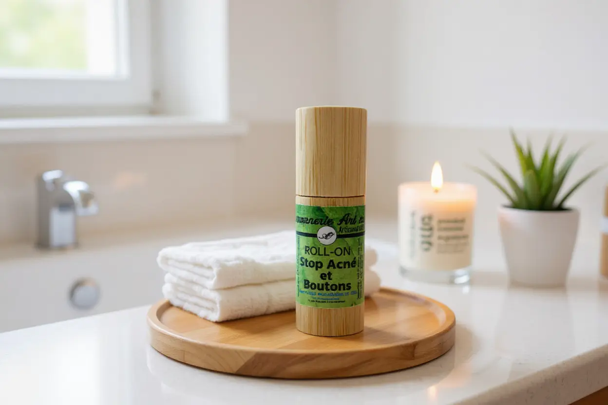 Roll-on anti-acné naturel posé sur une planche en bois dans une salle de bain lumineuse.