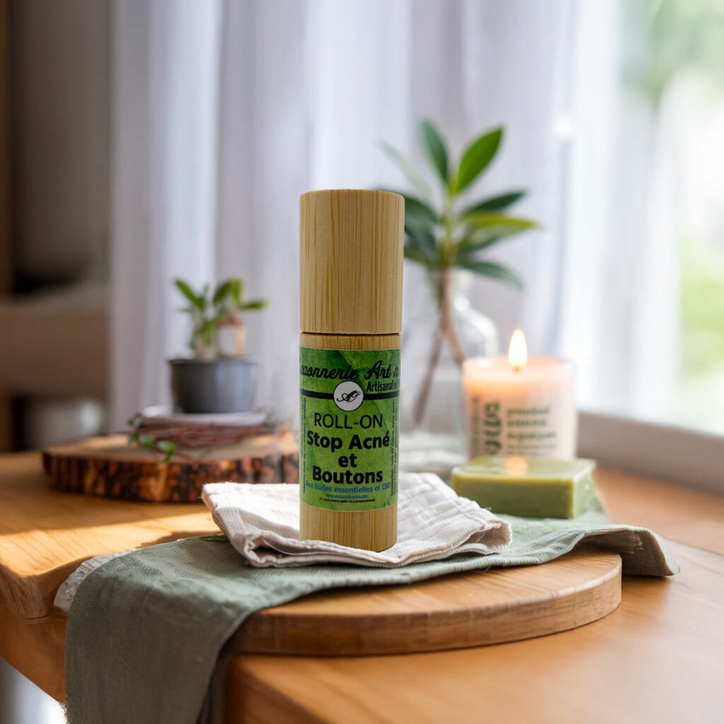 Roll-on naturel anti-acné posé sur un plan de salle de bain avec serviette