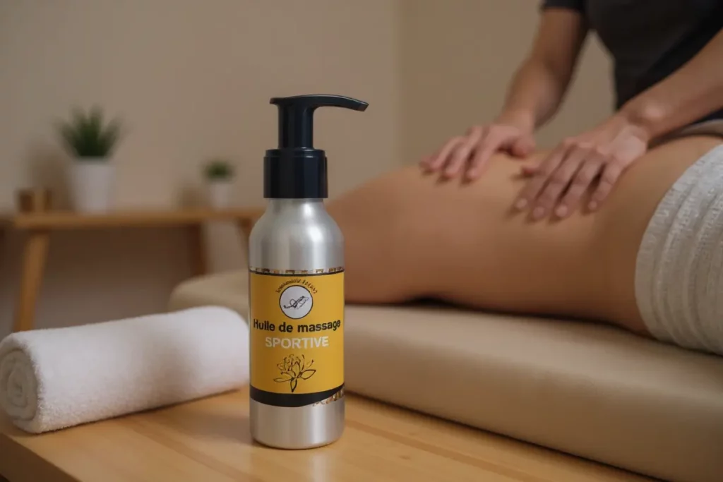 Huile de massage sportive posée sur une table de massage professionnelle pendant une séance de massage deep tissue