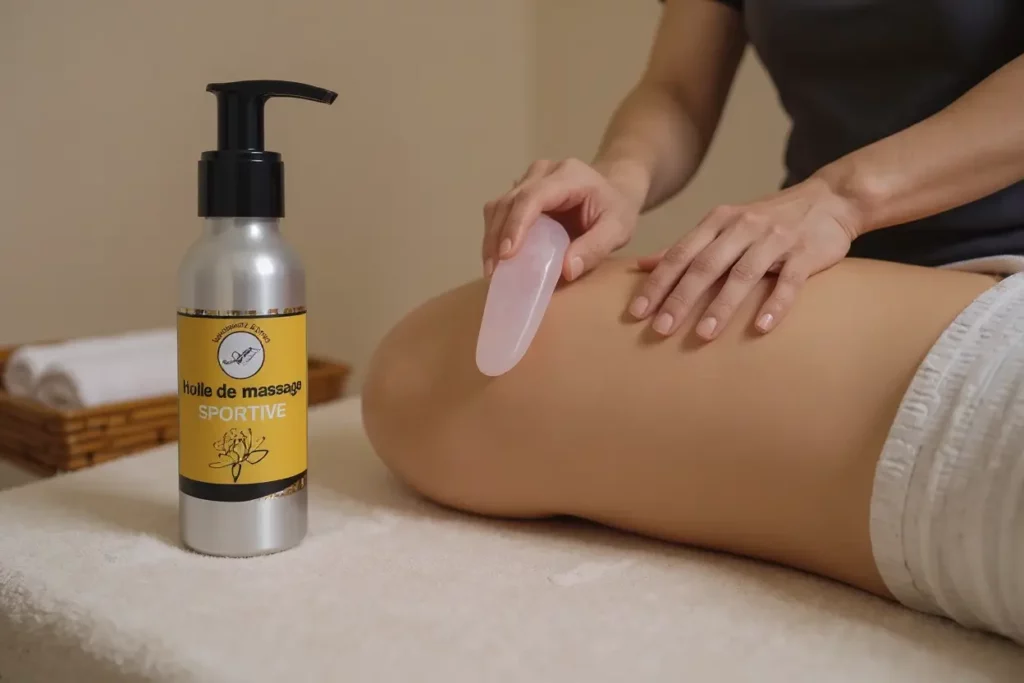 Outil gua sha utilisé sur la cuisse pour traiter la cellulite avec huile de massage.