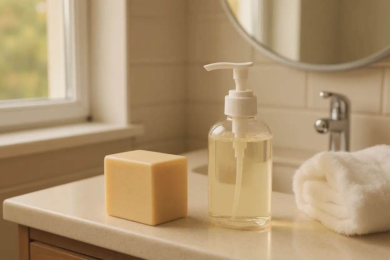 Nettoyant doux pour le visage sur un plan de toilette lumineux dans une routine quotidienne.