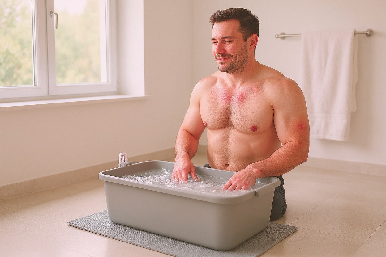Ignorez l’arrière-plan : un bain glacé portable unique, centré dans une salle de bain lumineuse, prêt pour une séance Wim Hof apaisante pour le psoriasis.