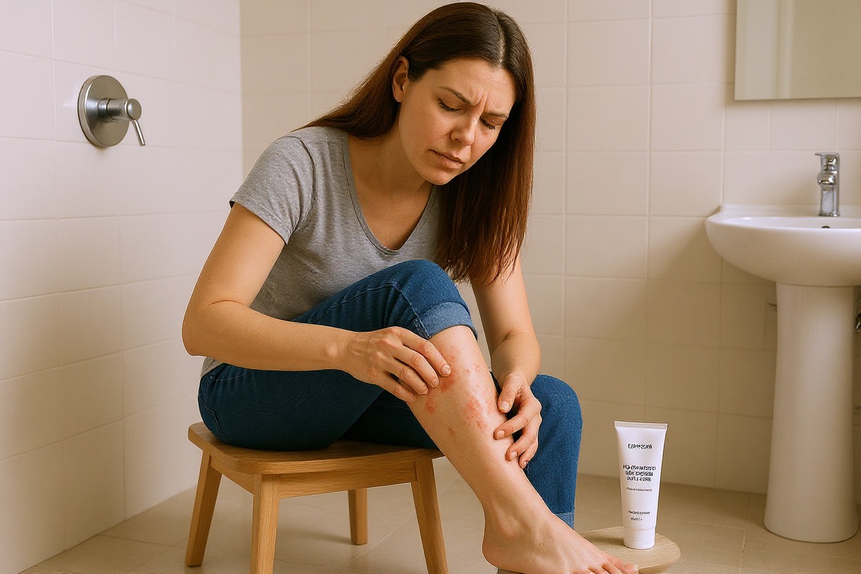 Ignorer le fond d’origine : une personne applique une crème hypoallergénique pour eczéma des pieds, le seul tube posé sur un tabouret dans la salle de bain.