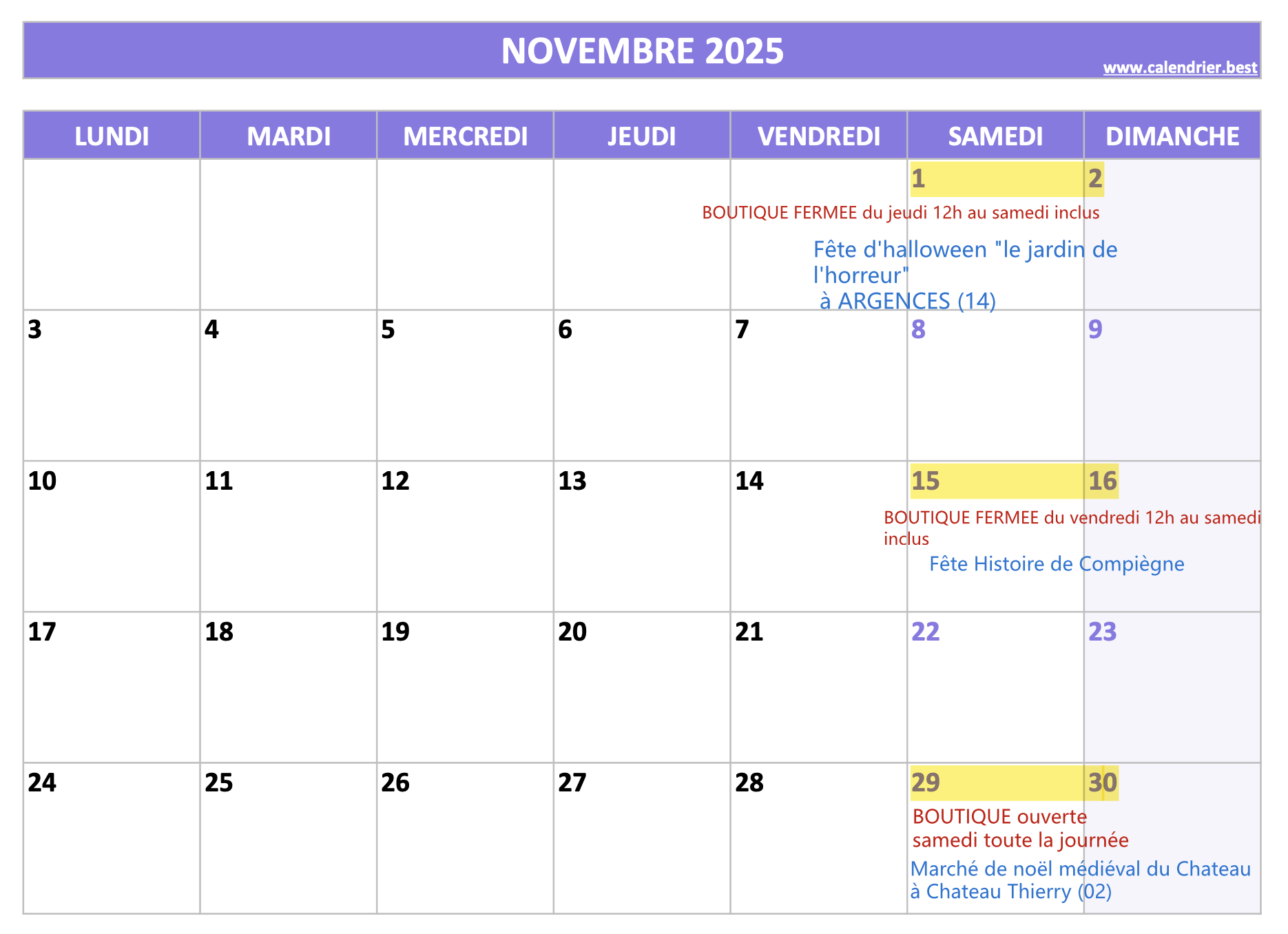 calendrier des sorties novembre