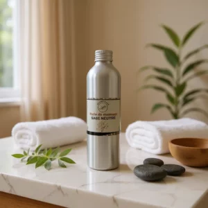 Flacon argenté d’huile de massage neutre sur une marbre avec serviettes blanches, galets noirs et plante d’intérieur en arrière-plan.