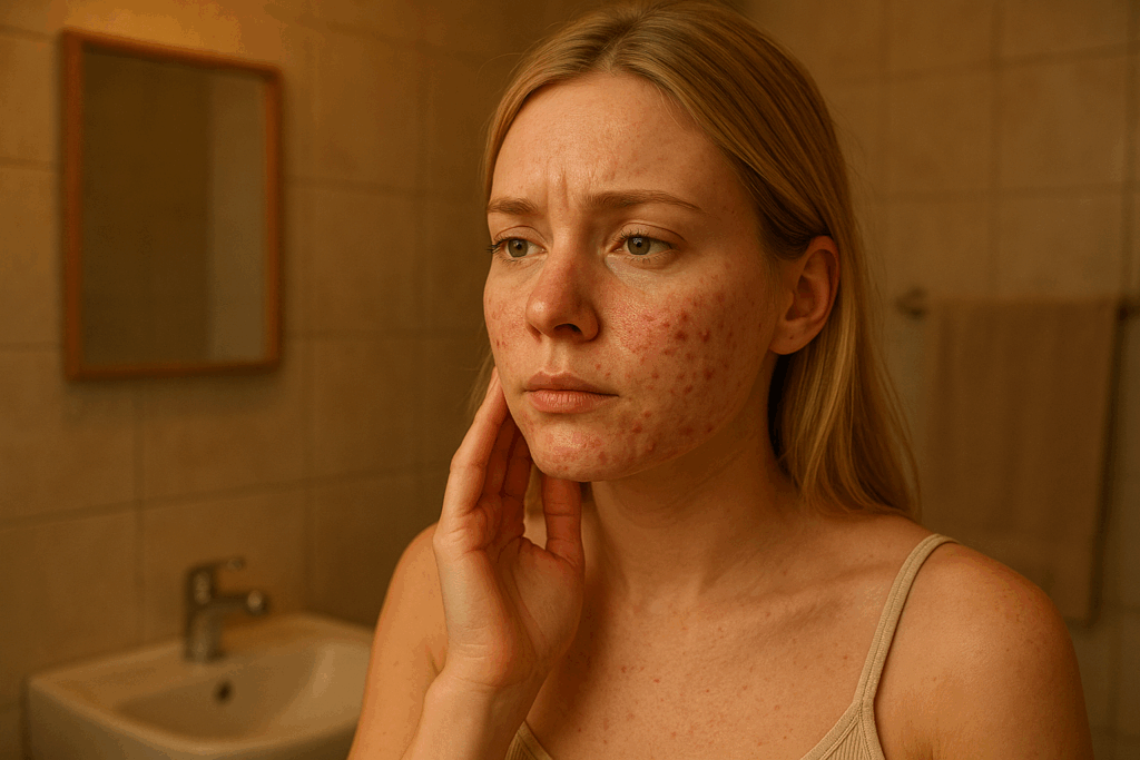 femme qui regarde l'acné qu'elle a sur le visage