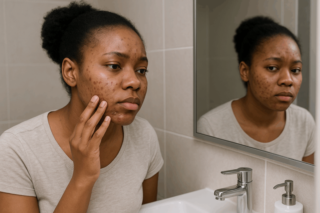 femme noire devant un miroir qui a de l'acné