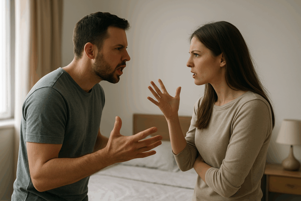 homme et femme dans une chambre qui se disputent