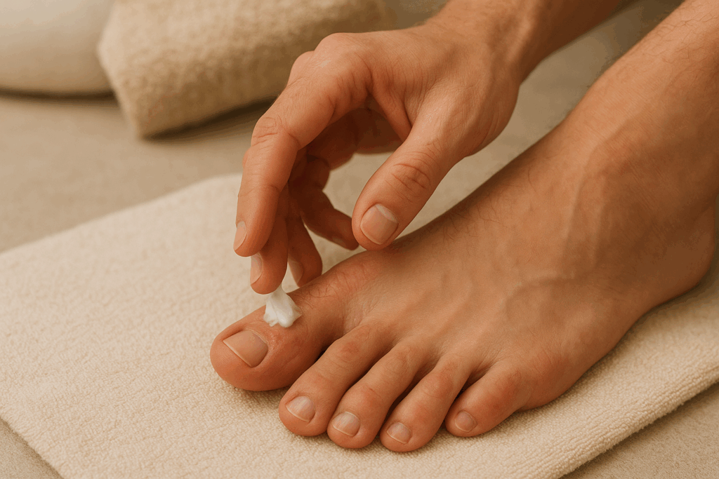 massage du pied avec crème contre eczéma