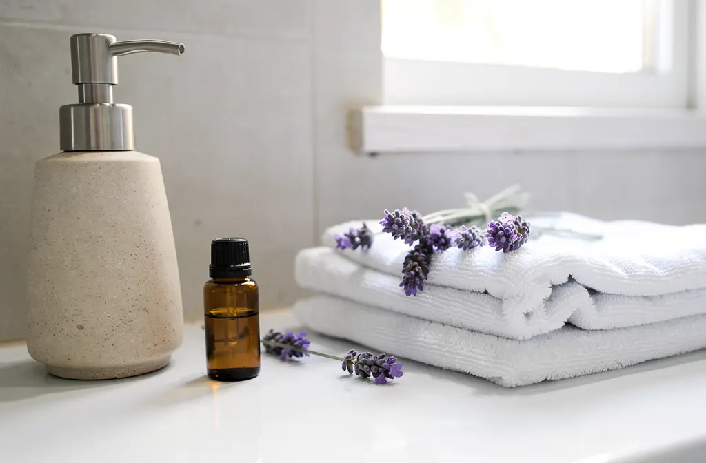 Distributeur de savon doux aux huiles essentielles pour soulager l'eczéma, posé sur un comptoir de salle de bain apaisant