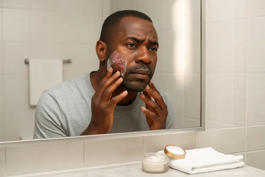 Crème naturelle pour apaiser l'eczéma atopique posée sur un comptoir de salle de bain