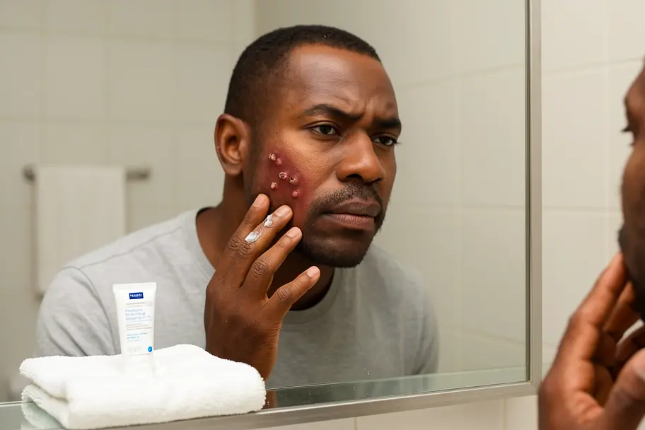 Crème apaisante dermatologique sur un plan de salle de bain pour traiter la dermite irritative