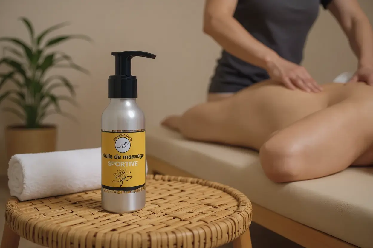 Huile de massage sportive utilisée lors d'un massage professionnel du dos
