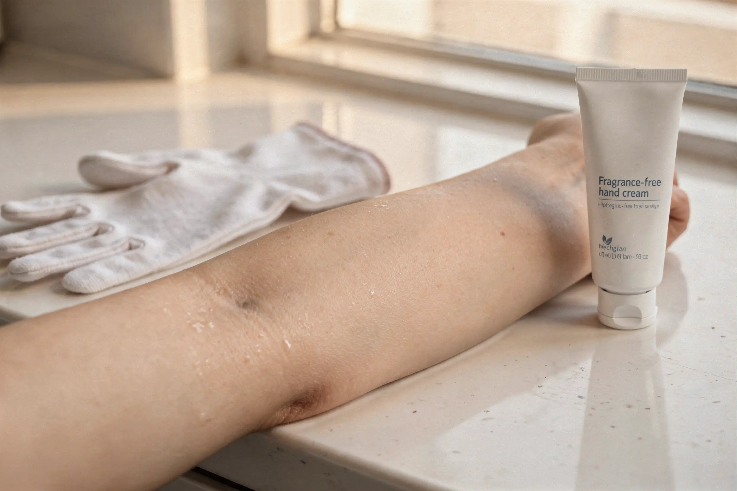 Gants de protection en coton et crème hydratante pour les mains sur un comptoir de salle de bain.