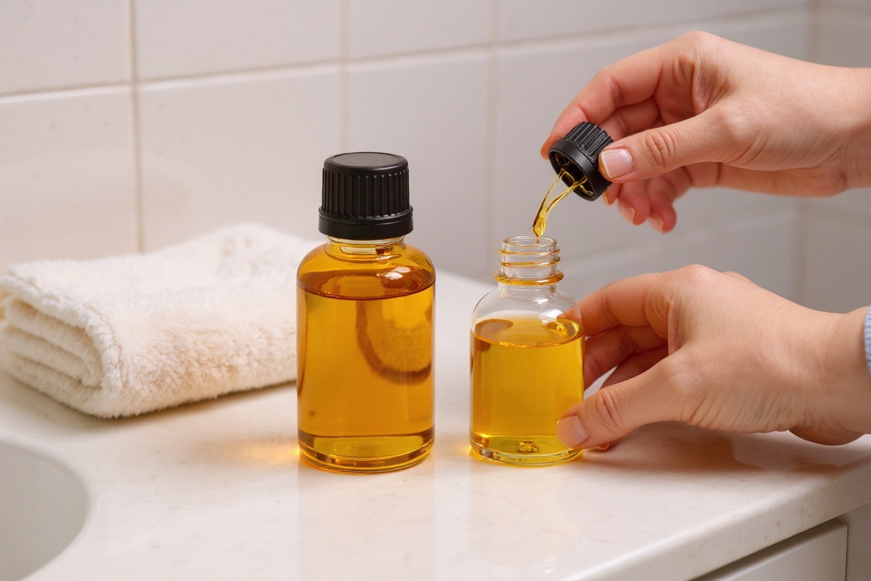 Huile transparente dans deux flacons ambrés, une gêne verse l’huile par pipette sur un comptoir de salle de bain; serviette blanche à gauche.