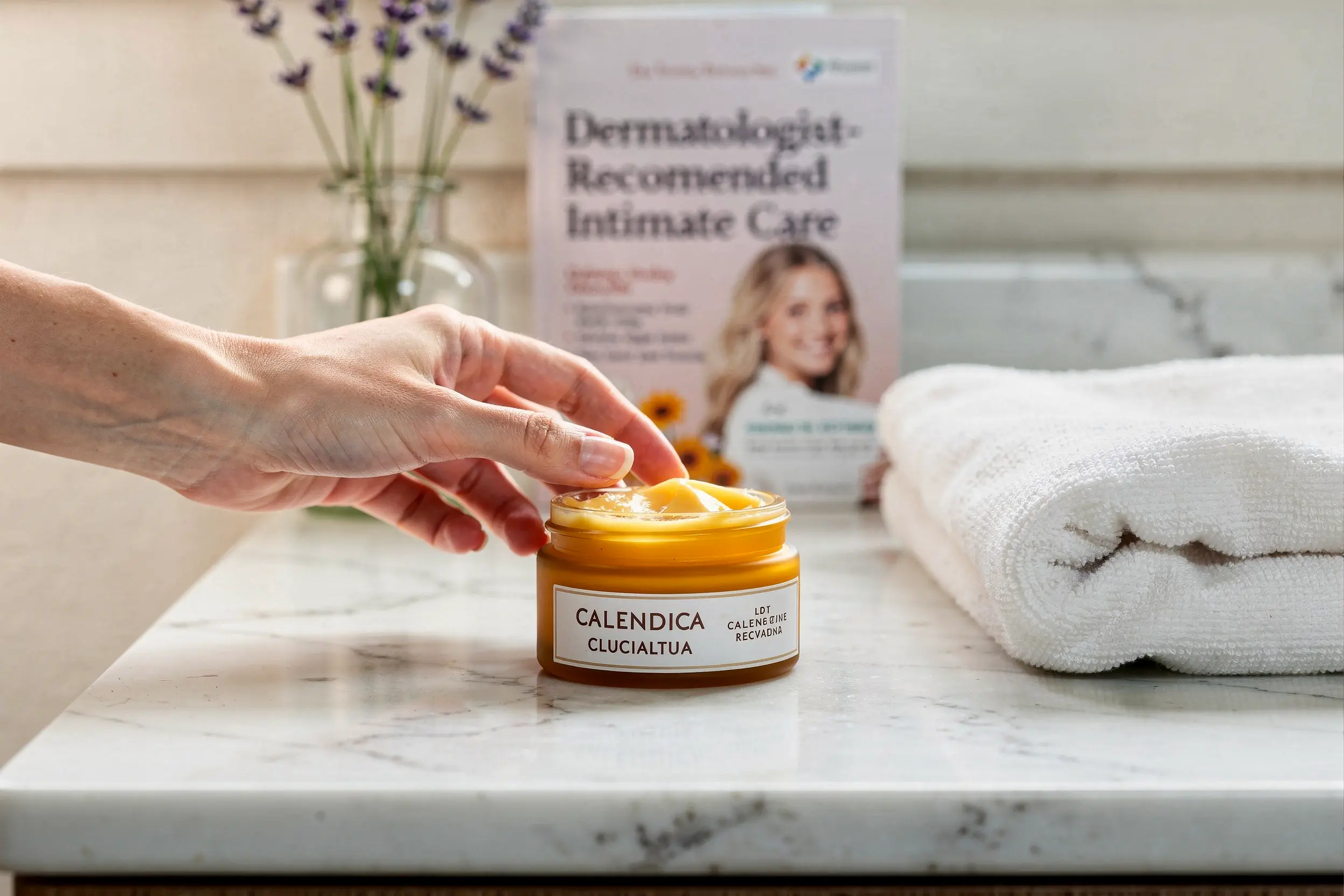 Baume apaisant au calendula sur un comptoir de salle de bain pour les soins intimes quotidiens