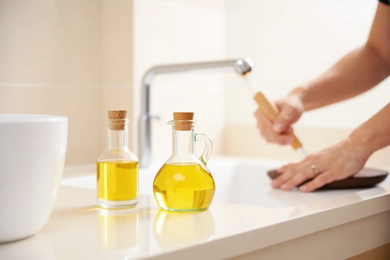 Huile de massage positionnée près d'un rouleau pour l'auto-massage quotidien du dos