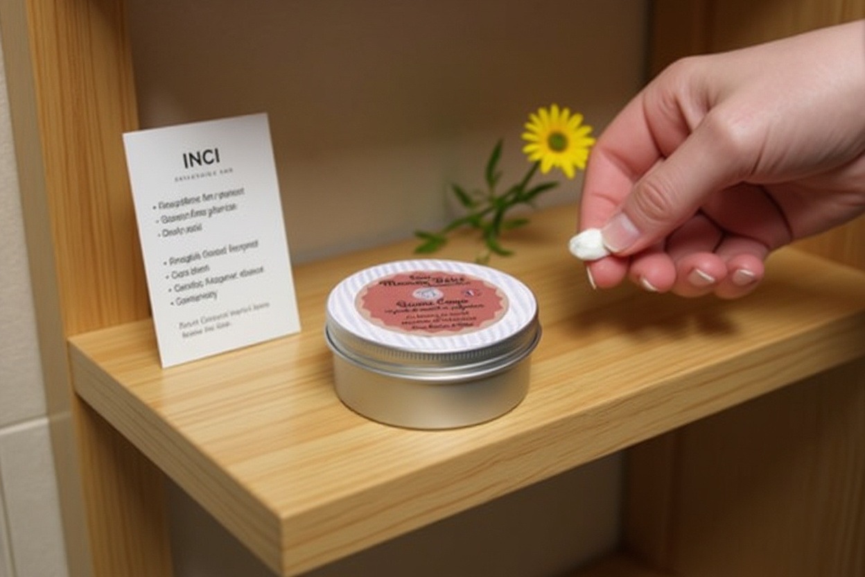 Pot de crème hypoallergénique sur étagère en bois, main tenant une perlelette blanche prêt à tester.