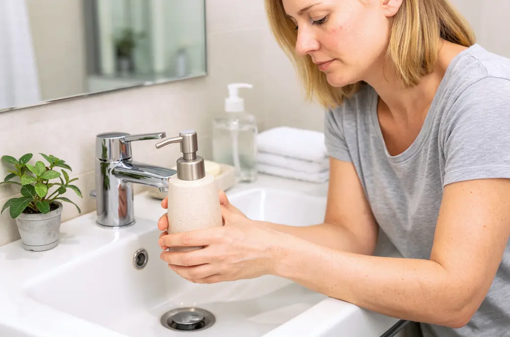 Distributeur de savon doux naturel sur un comptoir de salle de bain pour peaux sensibles