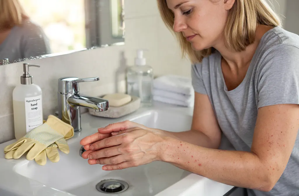 Distributeur de savon doux hypoallergénique sur un comptoir de salle de bain avec gants de protection à proximité