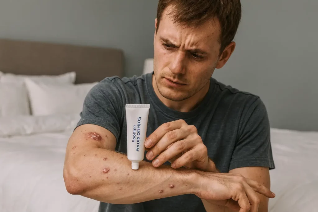 Homme appliquant une crème apaisante sur de l'eczéma nerveux causé par le stress