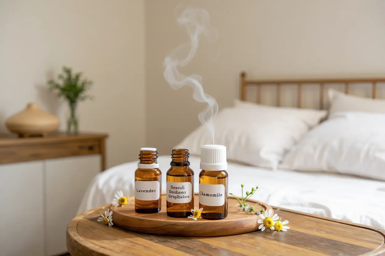 Flacon d'huile essentielle de lavande vraie près d'un diffuseur pour favoriser le sommeil