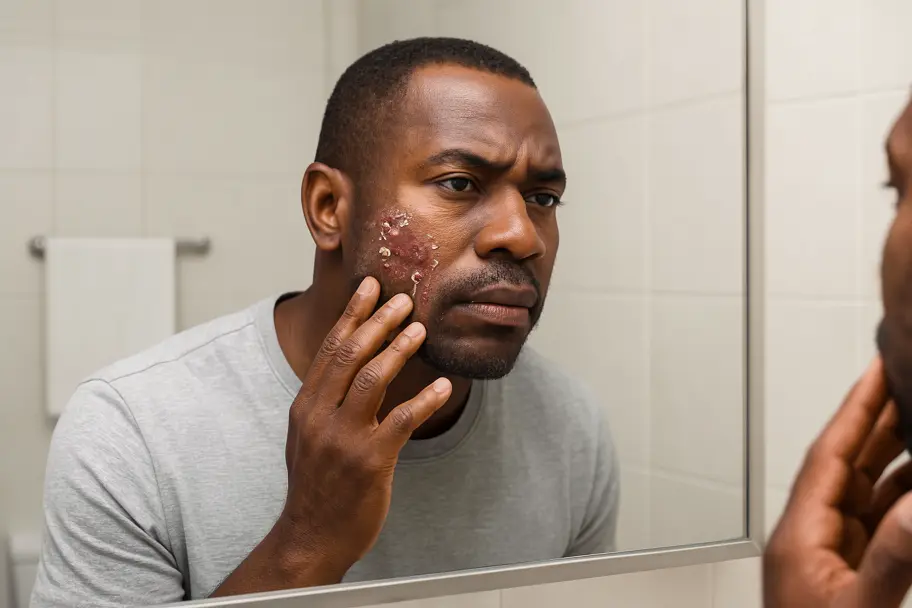 Homme à peau noire examinant son visage dans un miroir pour détecter les symptômes d'eczéma.