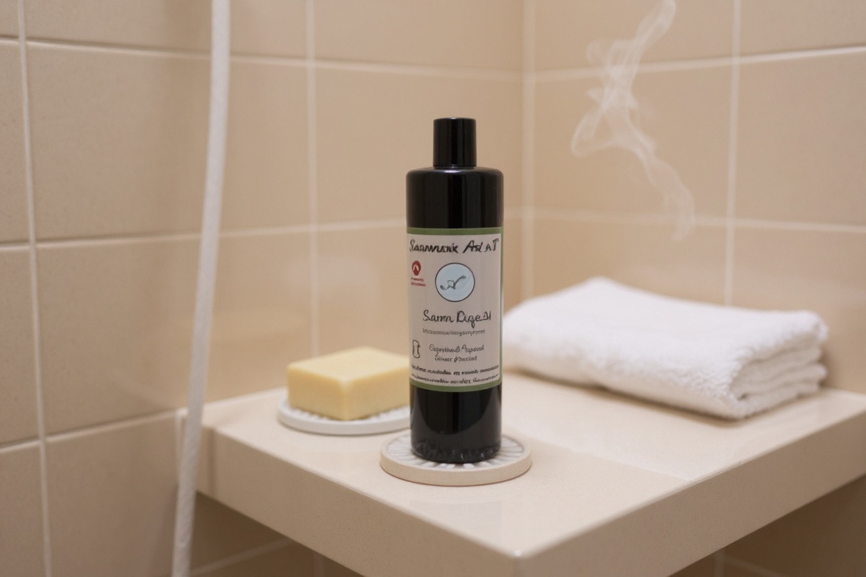 Flacon noir à bouchon, étiquette claire, posé sur un support dans une douche avec savon et serviette blanche à côté.