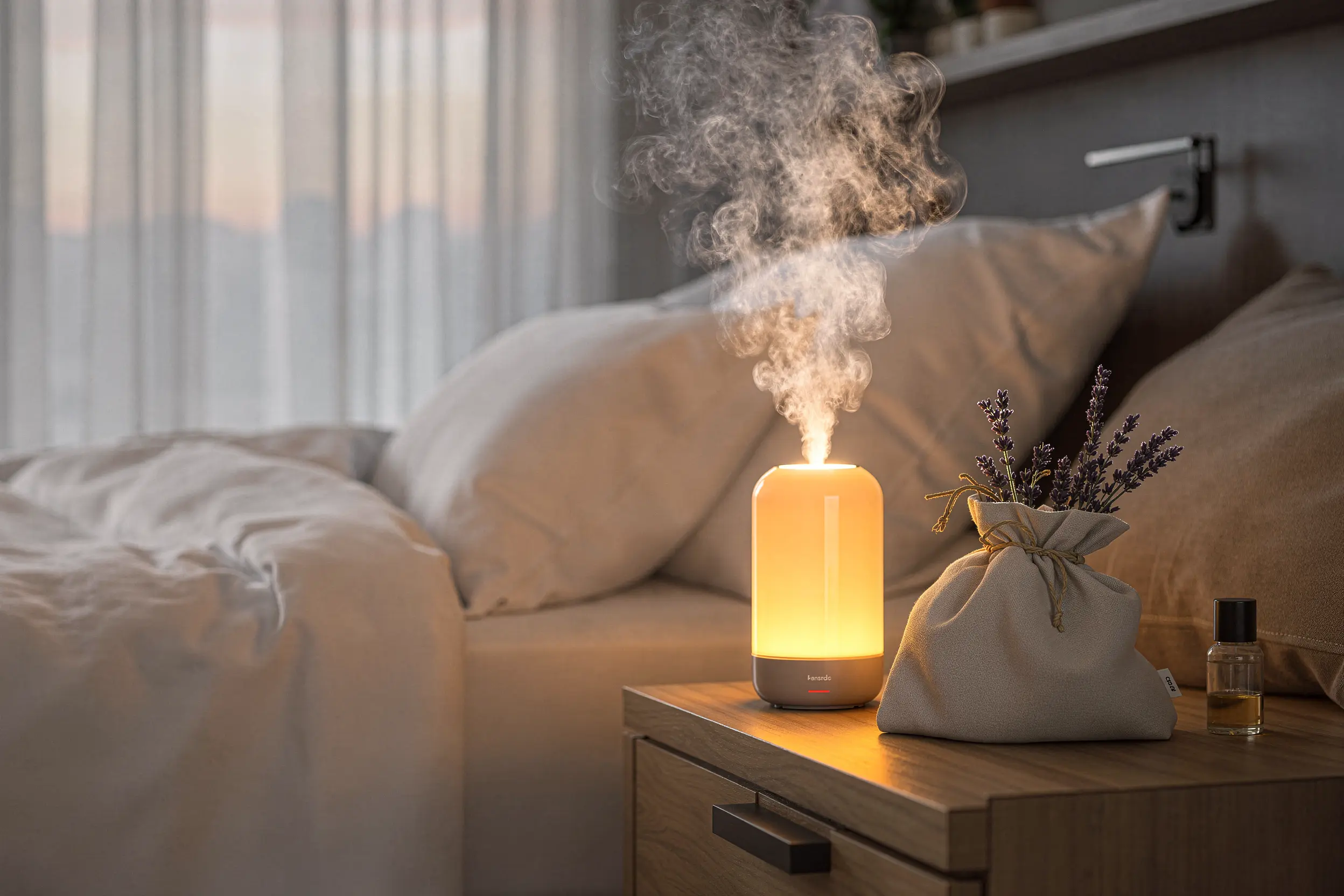 Diffuseur d'huiles essentielles sur une table de chevet dans une chambre apaisante.