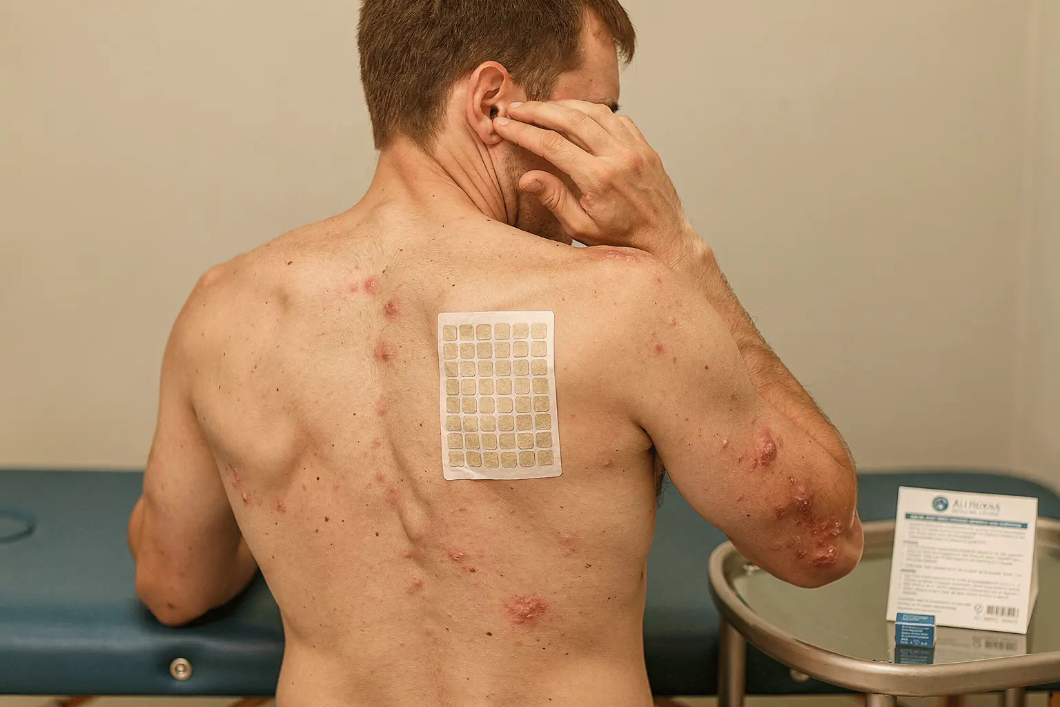 En cabinet, un unique kit de patch-test d’allergènes (panneau sur le haut du dos et carte d’instructions sur le plateau) pour diagnostiquer l’eczéma des paupières.