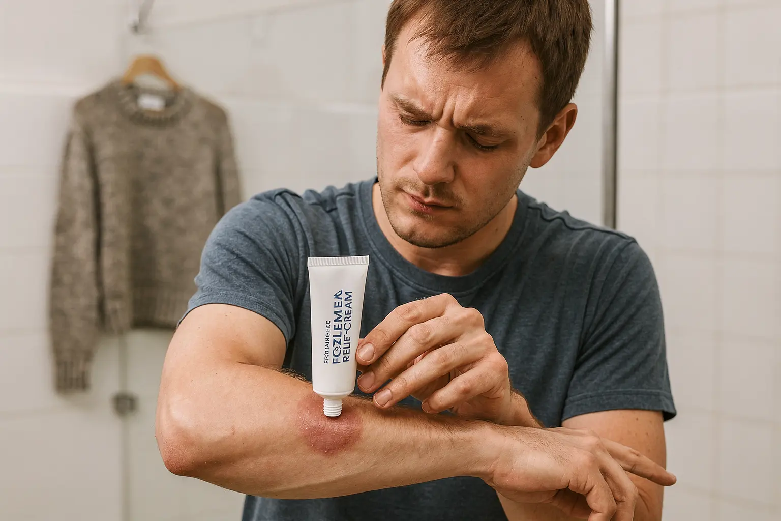 Ignorez l’arrière‑plan original : dans une salle de bain, un unique tube de crème pour eczéma est appliqué sur une plaque nummulaire de l’avant‑bras, rappelant des déclencheurs comme la douche chaude et la laine.
