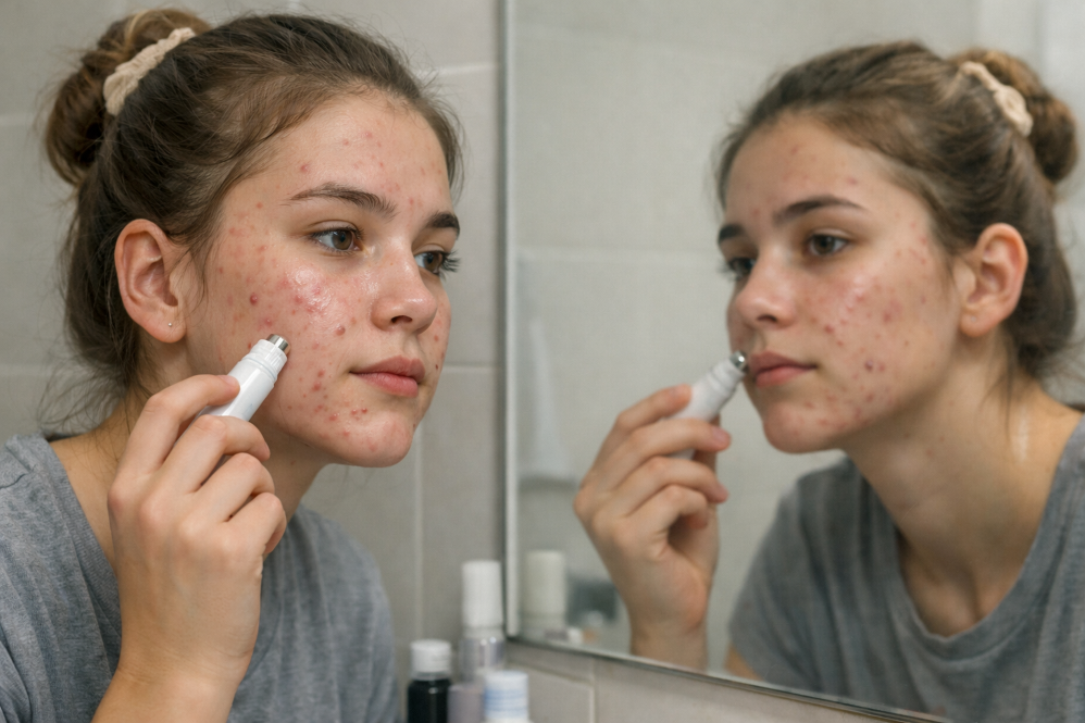 une adolescente avec de l'acné qui applique une lotion sur son visage